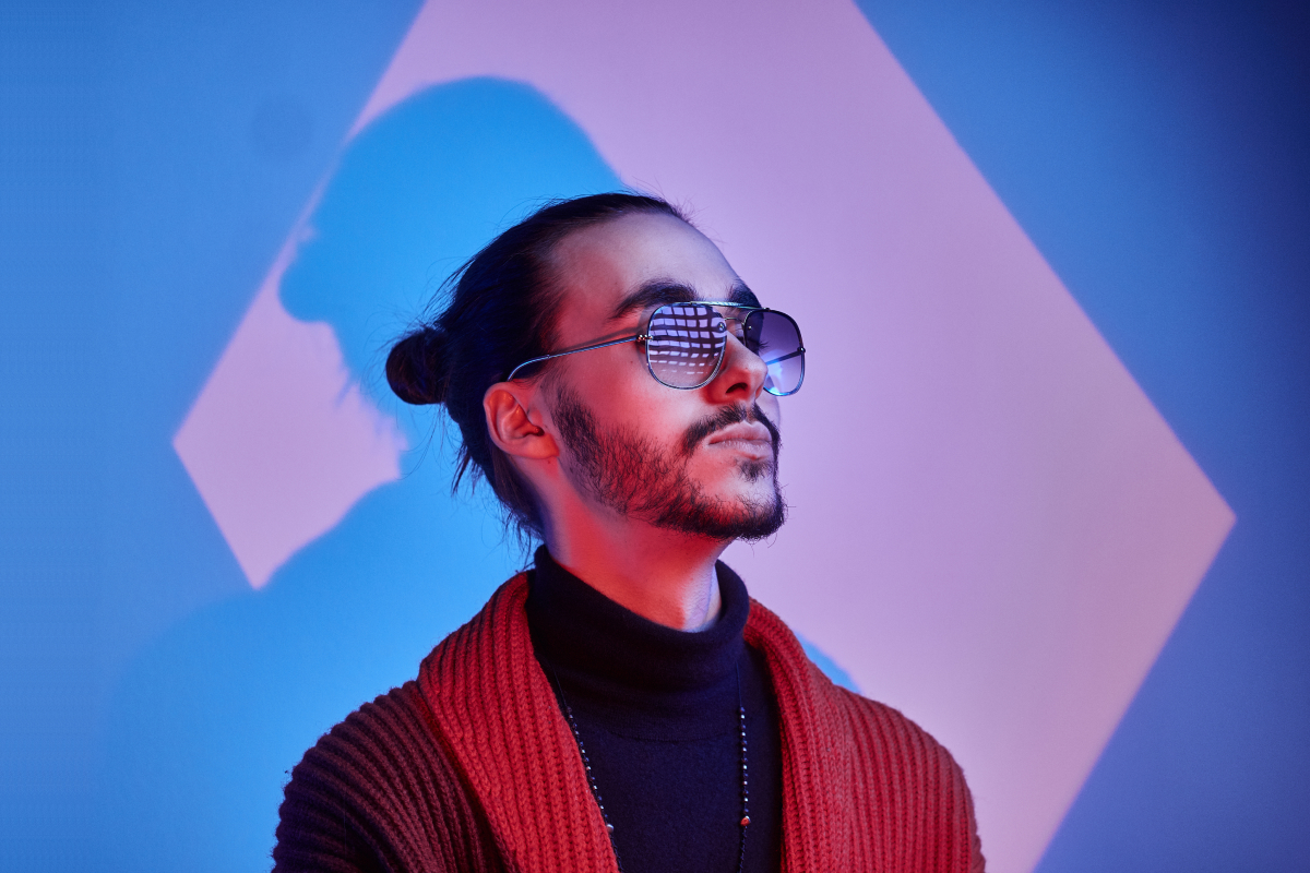 Lumina campaign portrait under blue and pink lighting